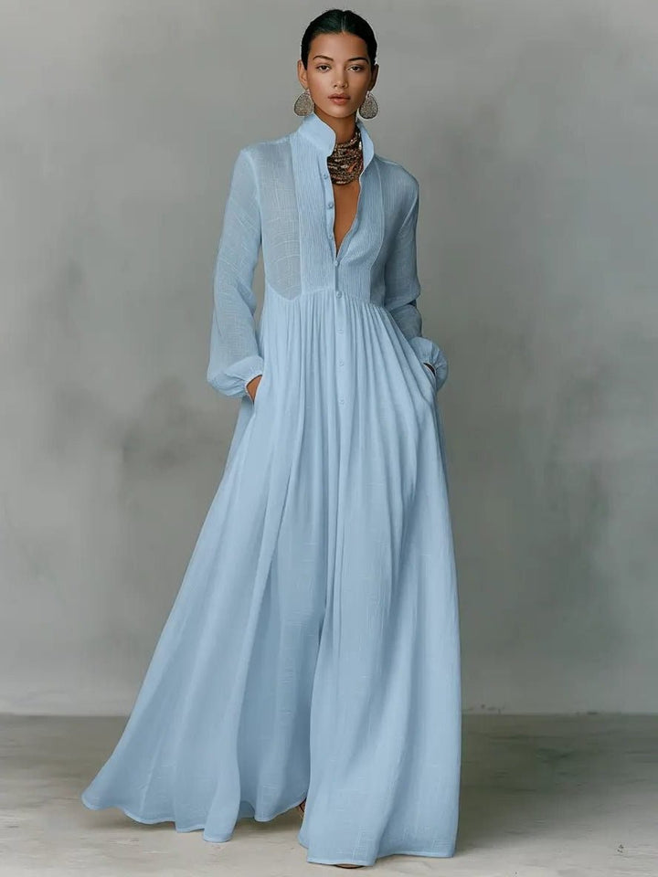 Women's Linen Maxi Shirt Dress | Stand Collar with Pockets Detail