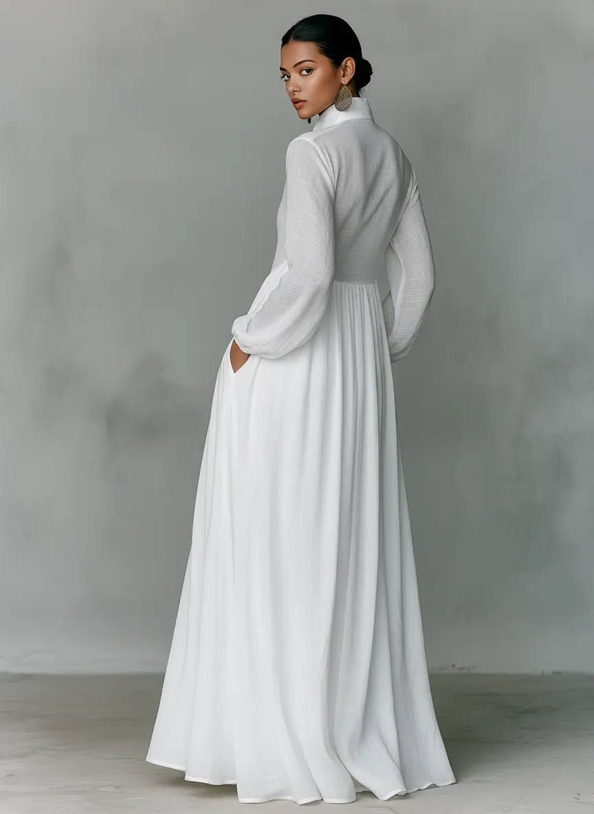Women's Linen Maxi Shirt Dress | Stand Collar with Pockets Front