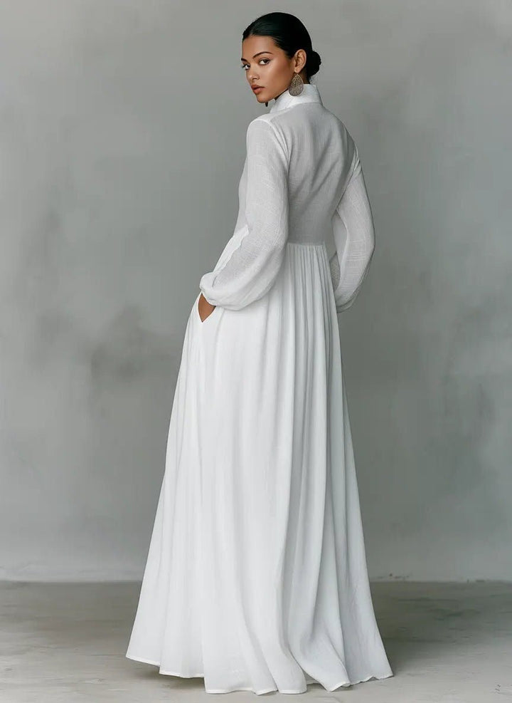 Women's Linen Maxi Shirt Dress | Stand Collar with Pockets Front