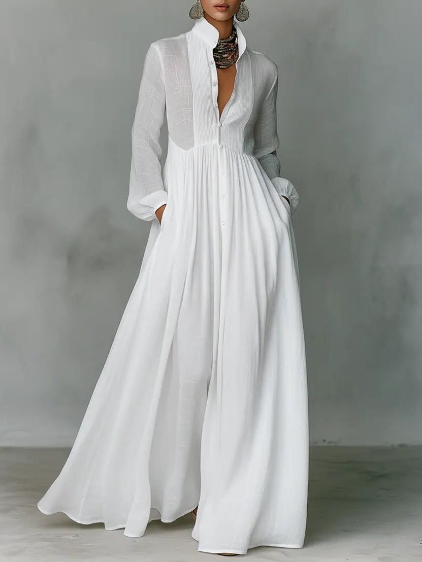 Women's Linen Maxi Shirt Dress | Stand Collar with Pockets Hero