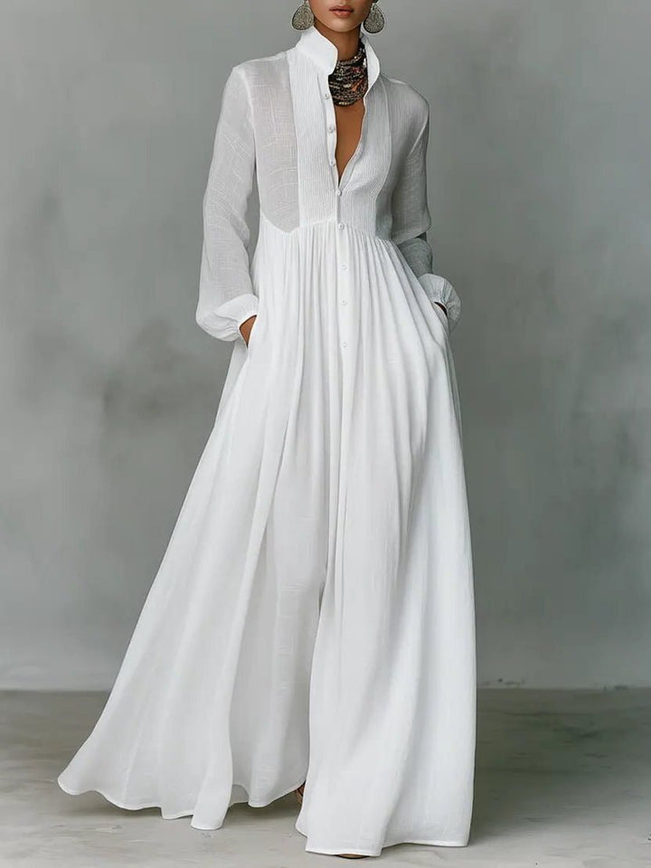 Women's Linen Maxi Shirt Dress | Stand Collar with Pockets Hero