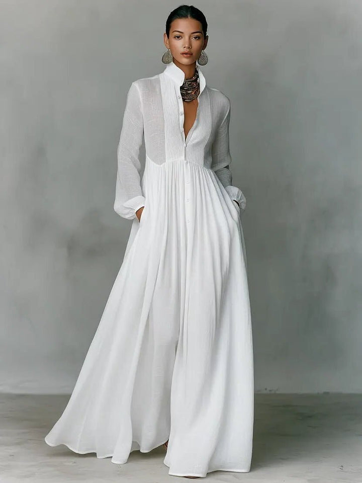 Women's Linen Maxi Shirt Dress | Stand Collar with Pockets Lifestyle