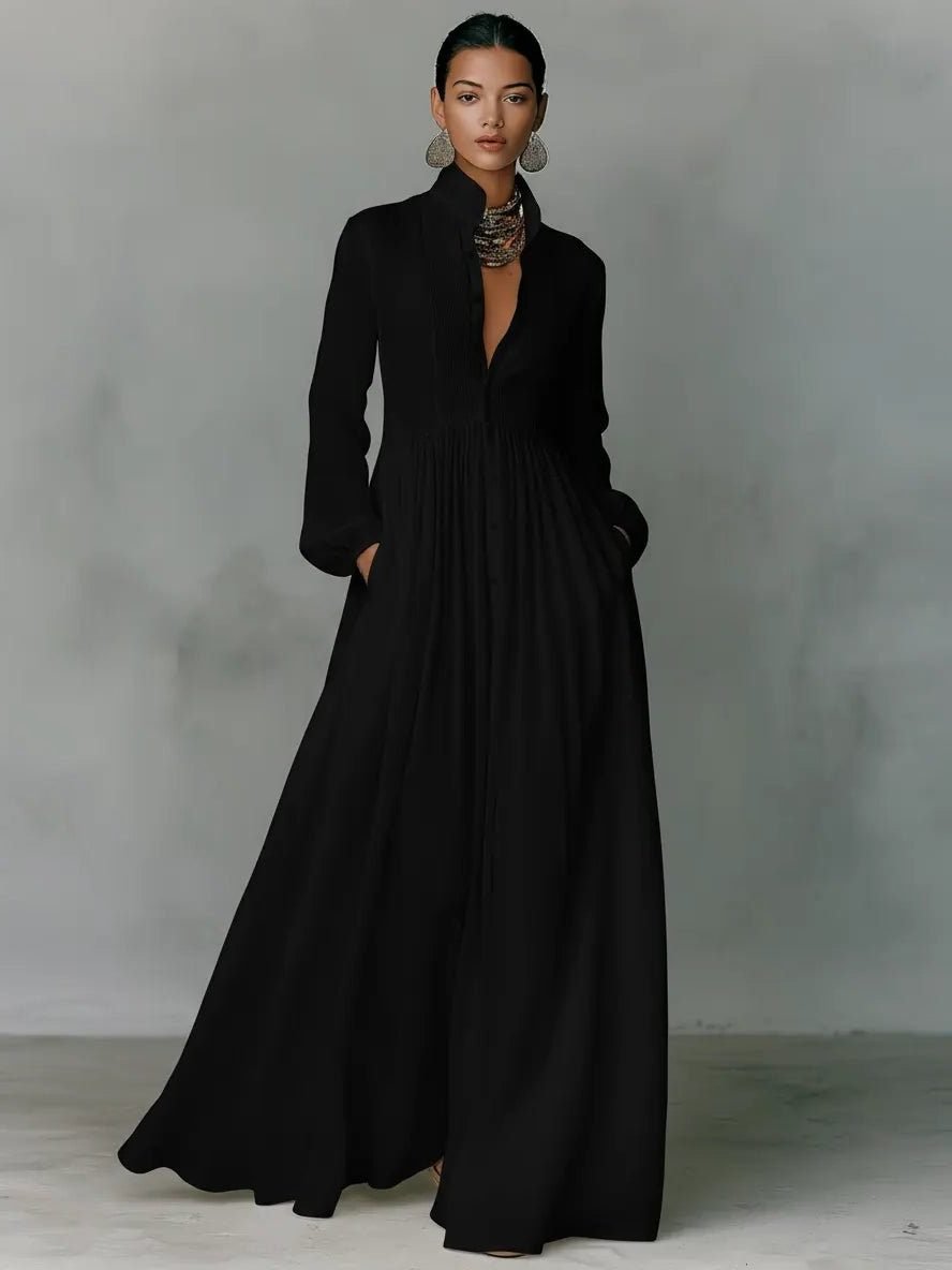 Women's Linen Maxi Shirt Dress | Stand Collar with Pockets Side