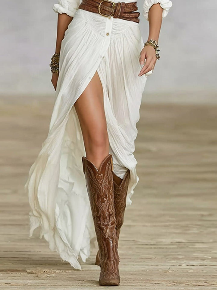 Women's Long Belted Dress | Pleated Lapels with Flowing Skirt Back