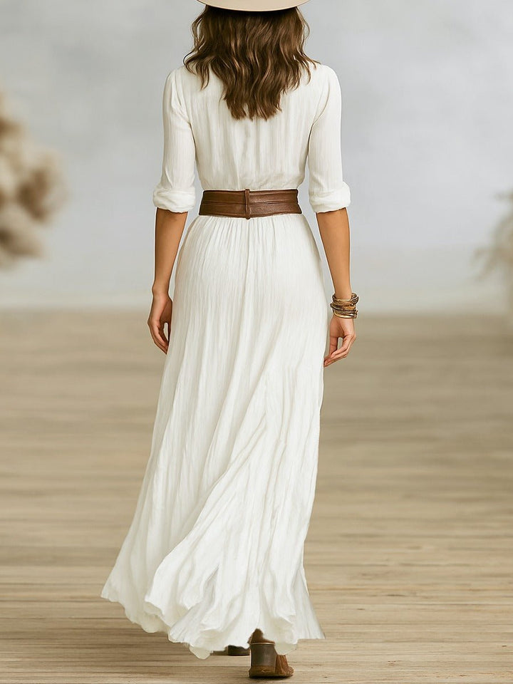 Women's Long Belted Dress | Pleated Lapels with Flowing Skirt Lifestyle