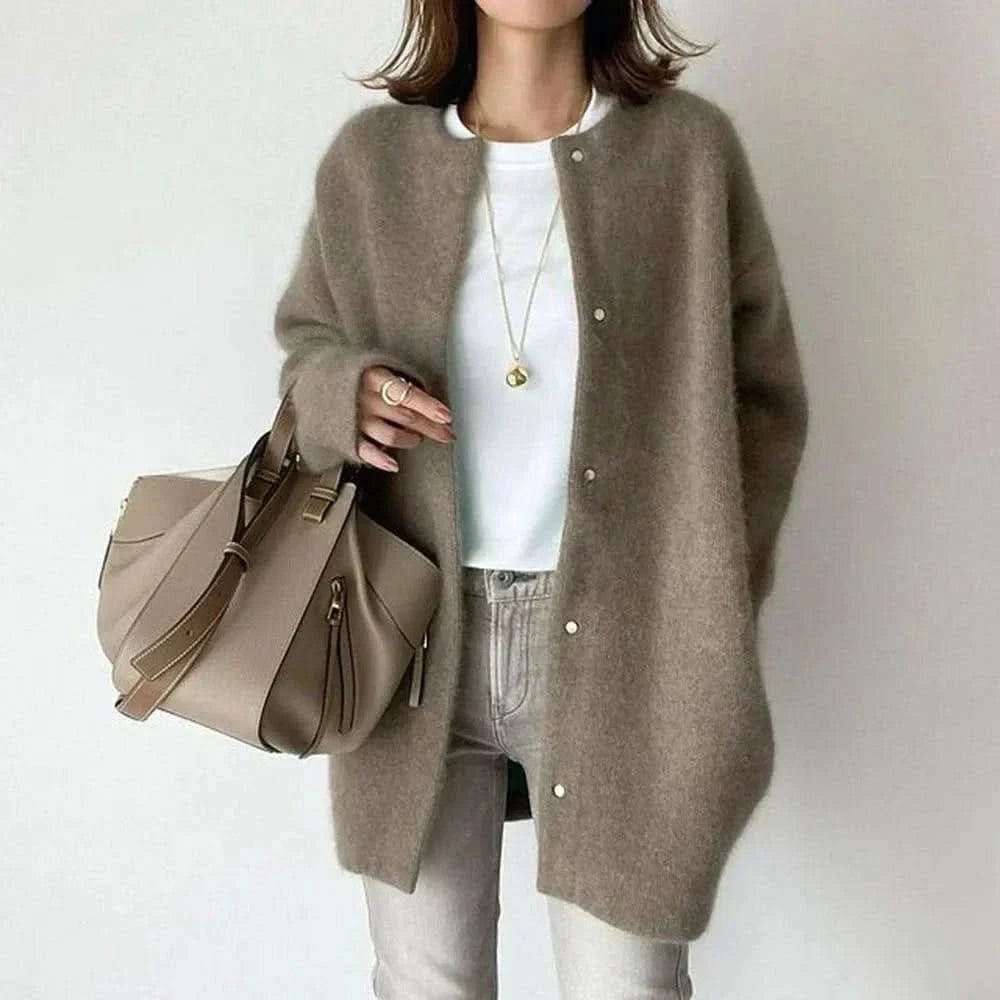 Women's Long Buttoned Knit Cardigan | Elegant Snap Front Angle