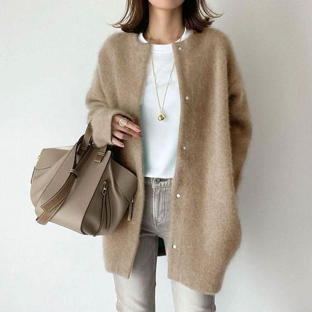 Women's Long Buttoned Knit Cardigan | Elegant Snap Front Close Up