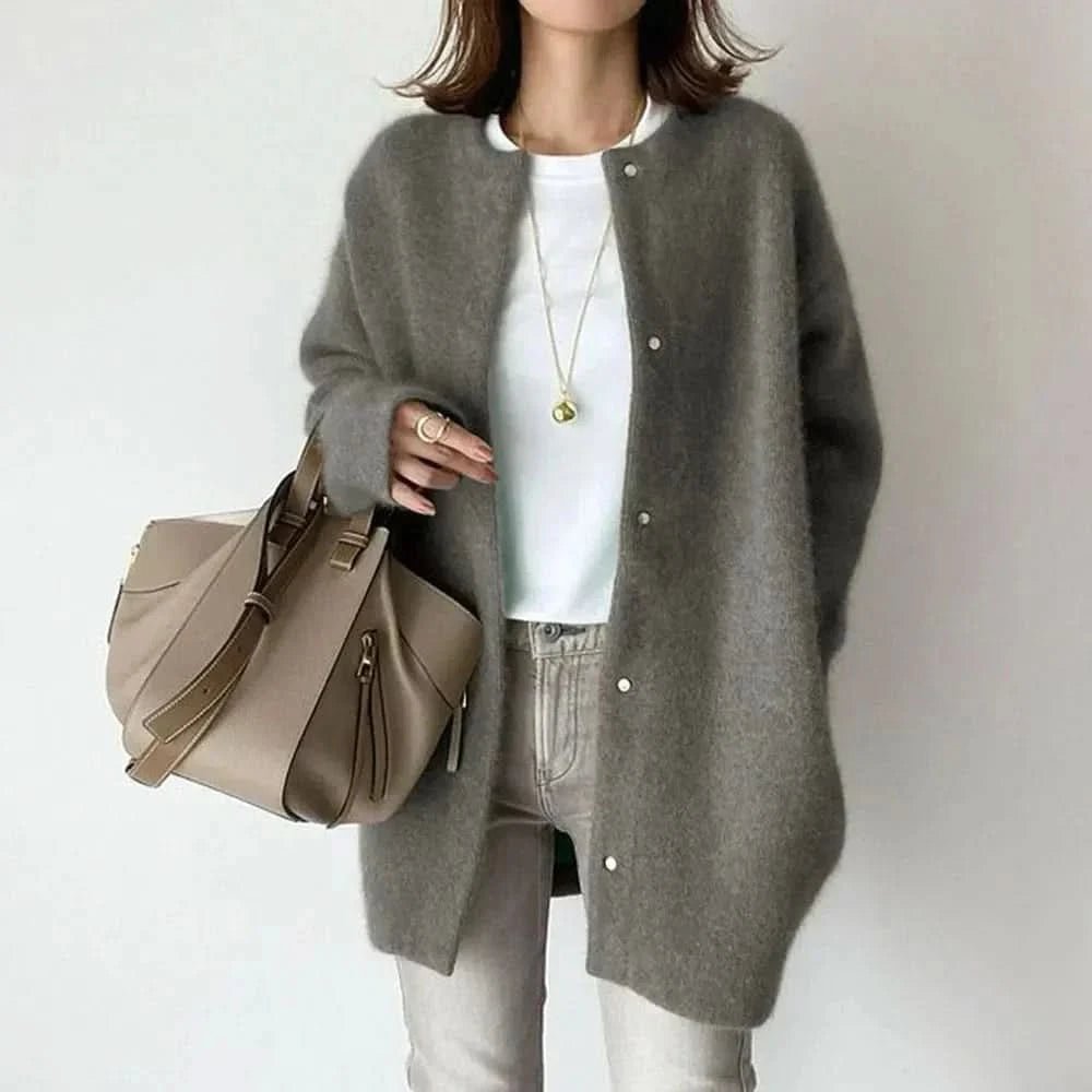 Women's Long Buttoned Knit Cardigan | Elegant Snap Front Hero