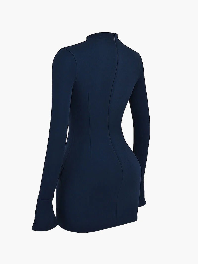 Women's Long Sleeve High Neck Mini Dress | Peplum Hip Detail Back