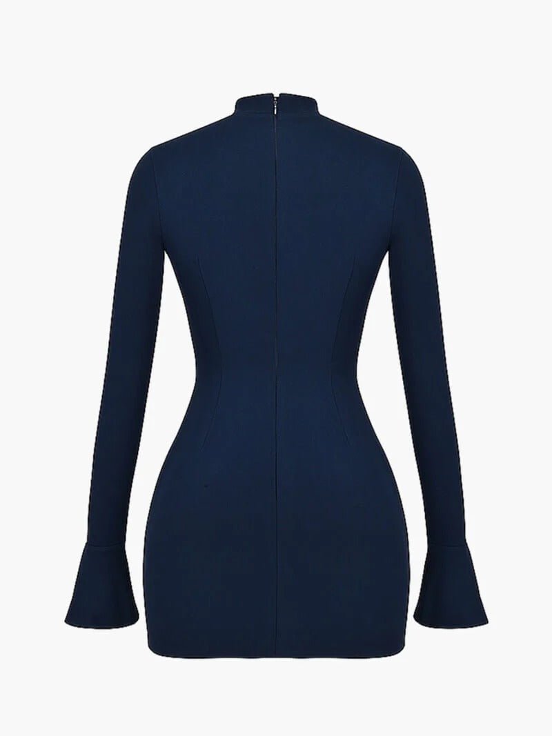 Women's Long Sleeve High Neck Mini Dress | Peplum Hip Detail Front