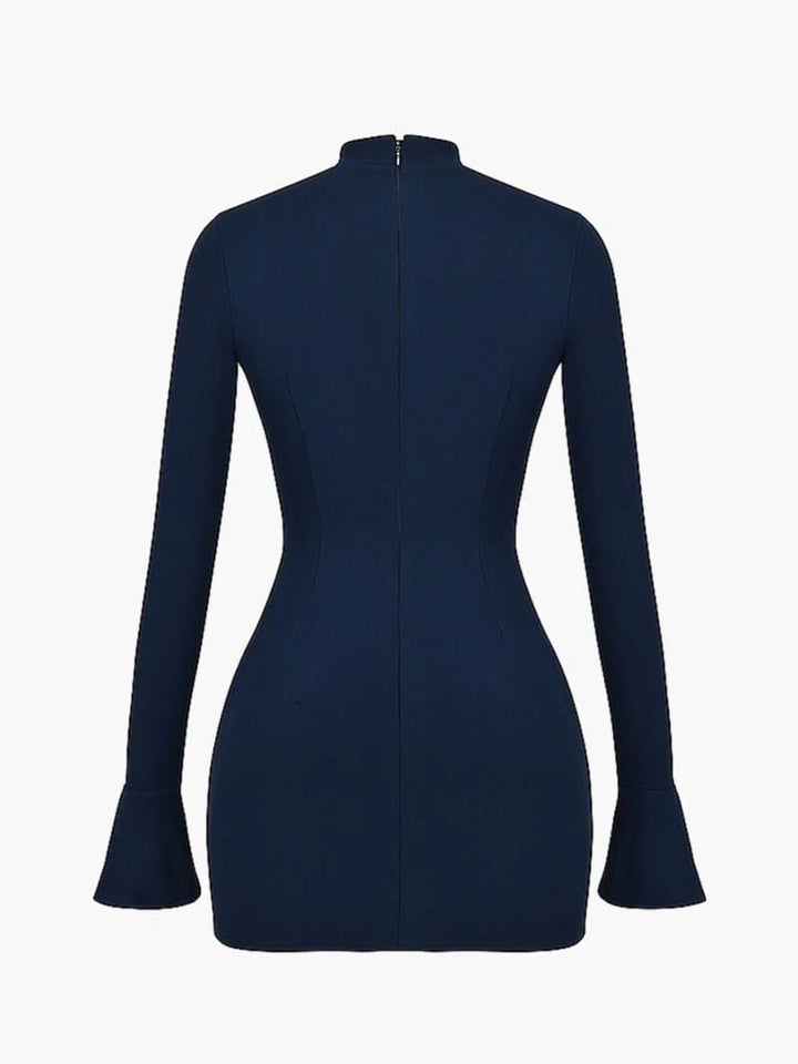 Women's Long Sleeve High Neck Mini Dress | Peplum Hip Detail Front