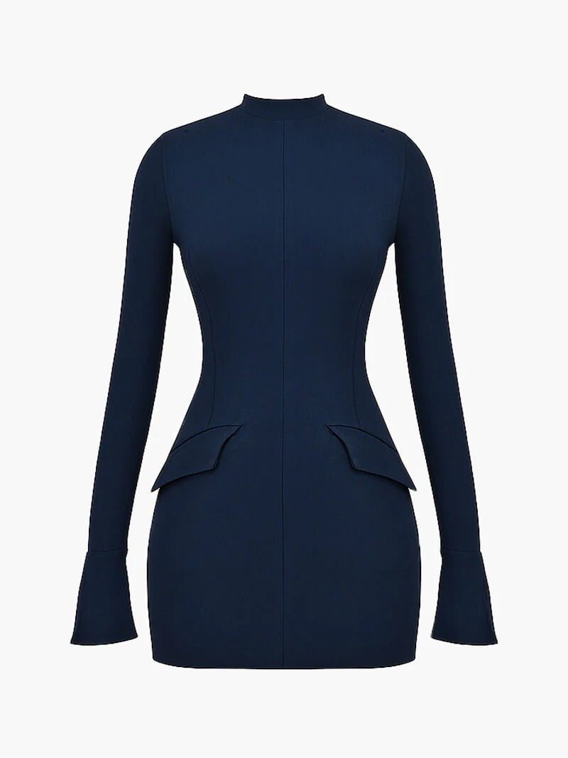 Women's Long Sleeve High Neck Mini Dress | Peplum Hip Detail Hero