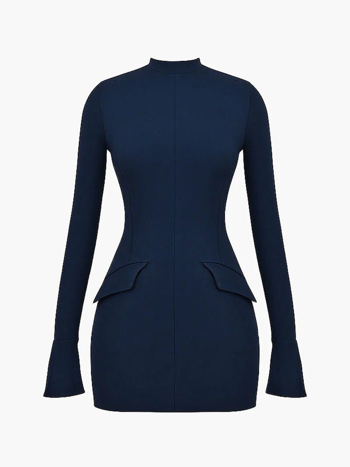 Women's Long Sleeve High Neck Mini Dress | Peplum Hip Detail Hero