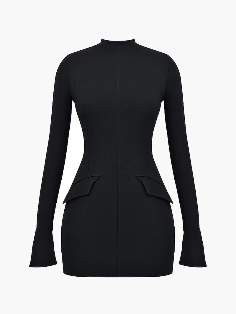 Women's Long Sleeve High Neck Mini Dress | Peplum Hip Detail Side