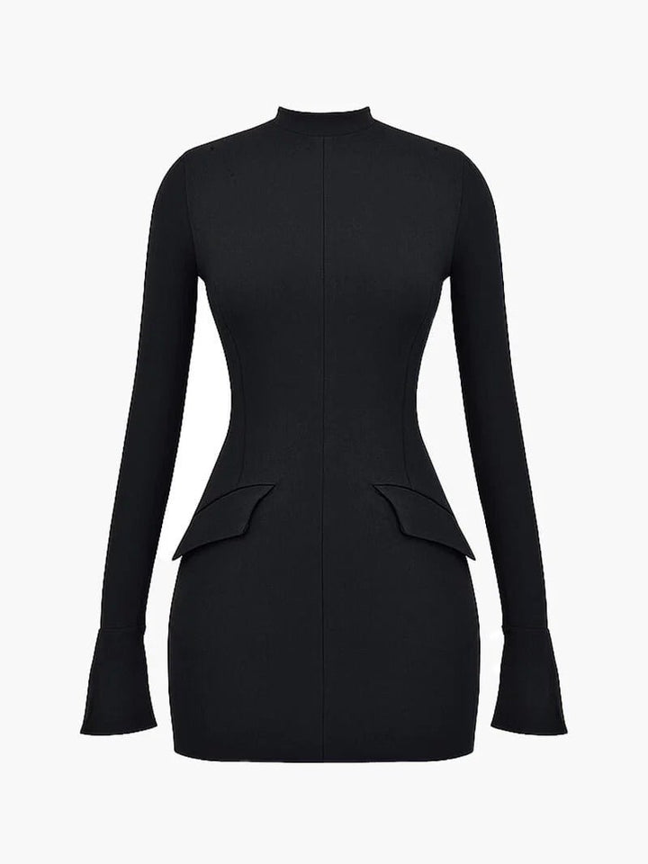 Women's Long Sleeve High Neck Mini Dress | Peplum Hip Detail Side