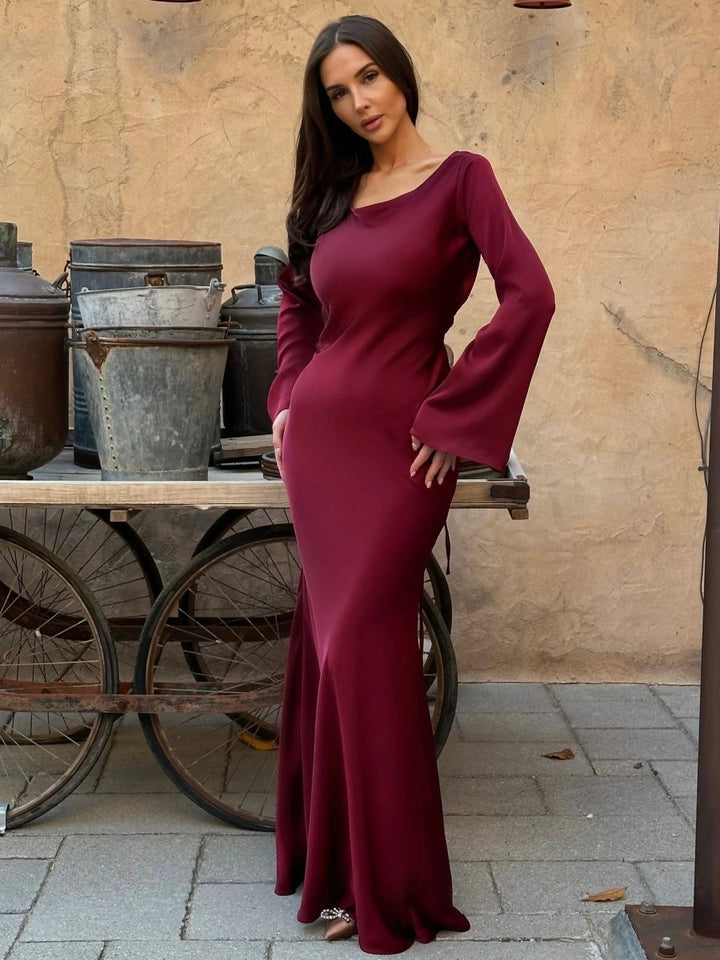 Women's Long Sleeve Maxi Dress | Fitted Bodice Bell Sleeve Alternate
