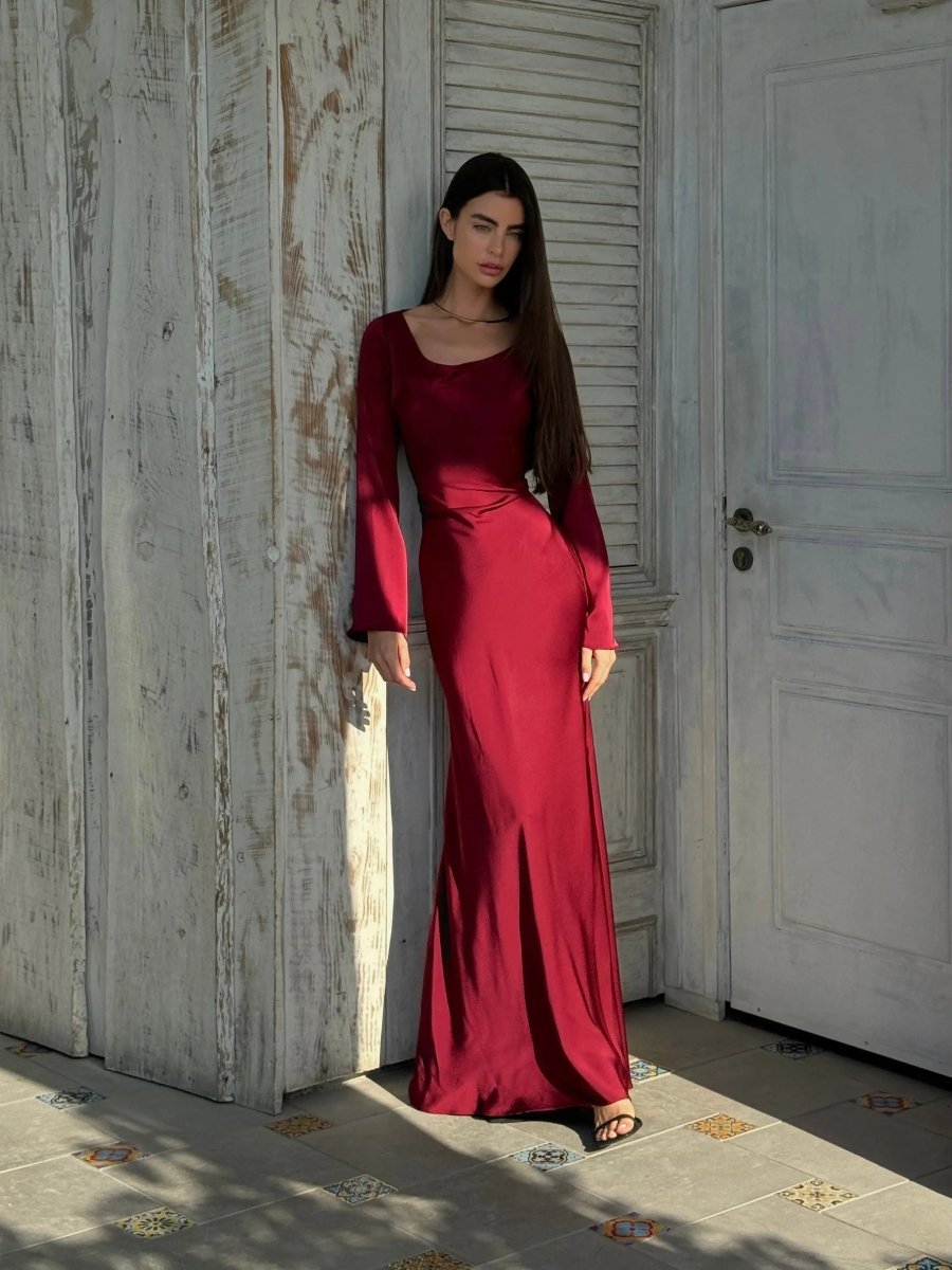 Women's Long Sleeve Maxi Dress | Fitted Bodice Bell Sleeve Detail