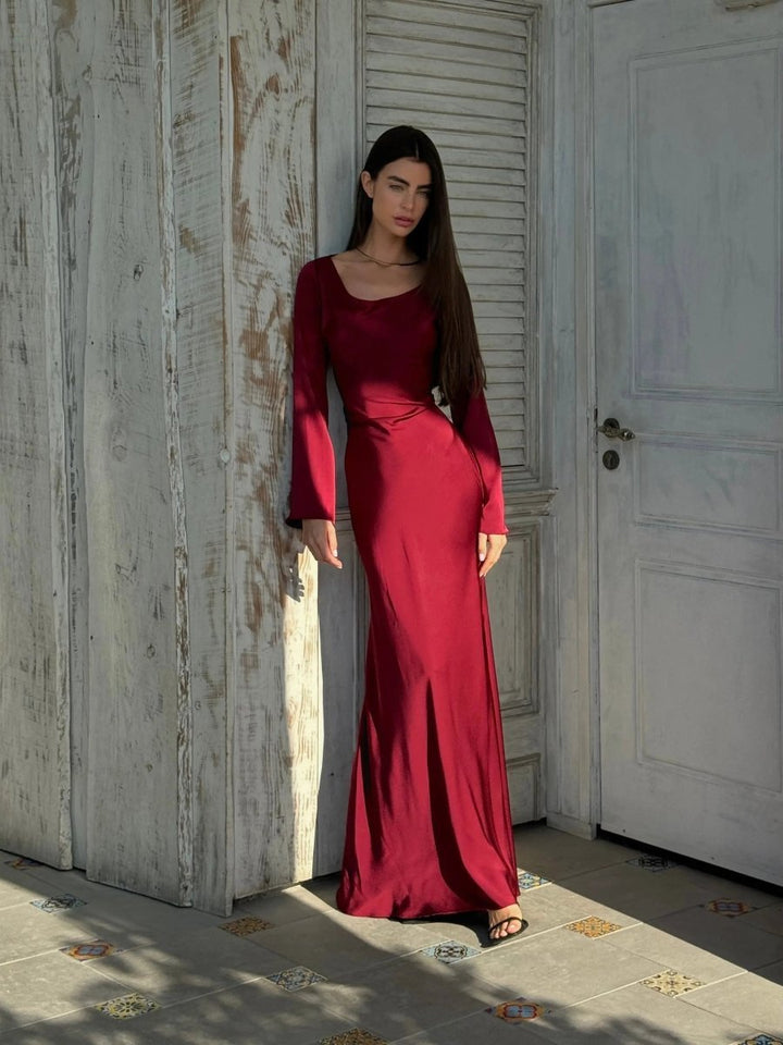 Women's Long Sleeve Maxi Dress | Fitted Bodice Bell Sleeve Detail