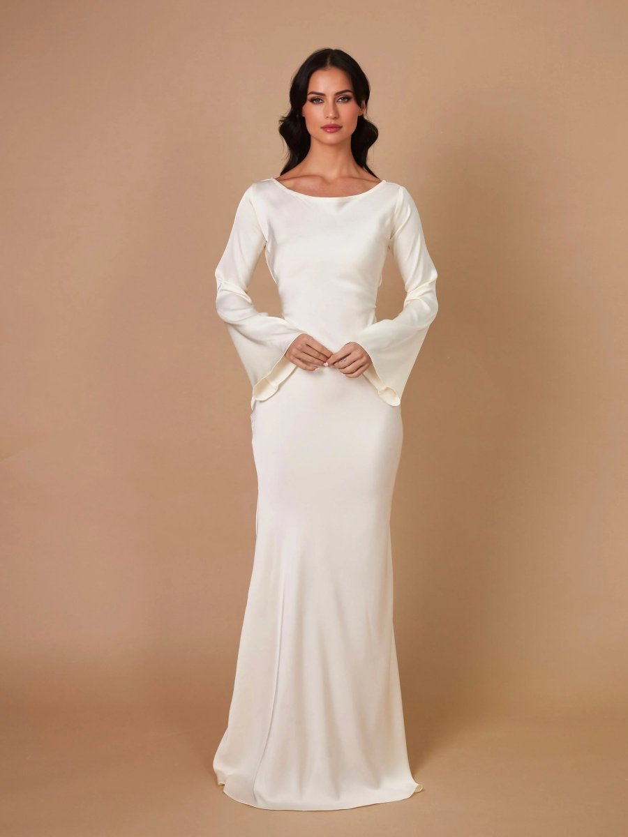 Women's Long Sleeve Maxi Dress | Fitted Bodice Bell Sleeve Full