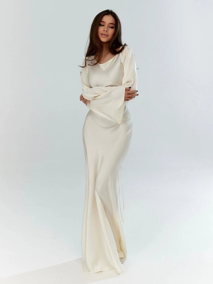 Women's Long Sleeve Maxi Dress | Fitted Bodice Bell Sleeve Hero