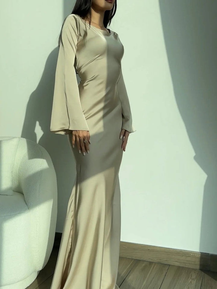 Women's Long Sleeve Maxi Dress | Fitted Bodice Bell Sleeve Side