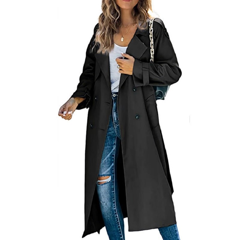 Women's Long Trench Coat | Double-Breasted Classic Fit Close Up