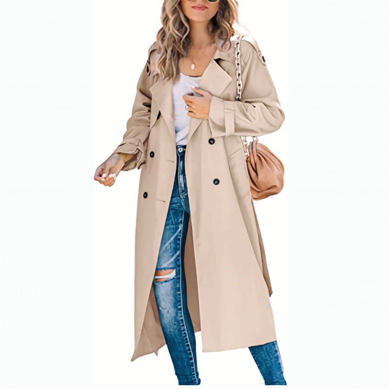 Women's Long Trench Coat | Double-Breasted Classic Fit Detail