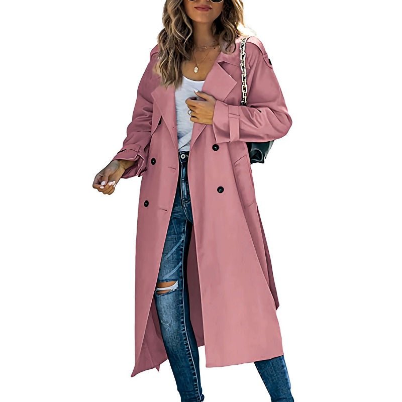 Women's Long Trench Coat | Double-Breasted Classic Fit Front