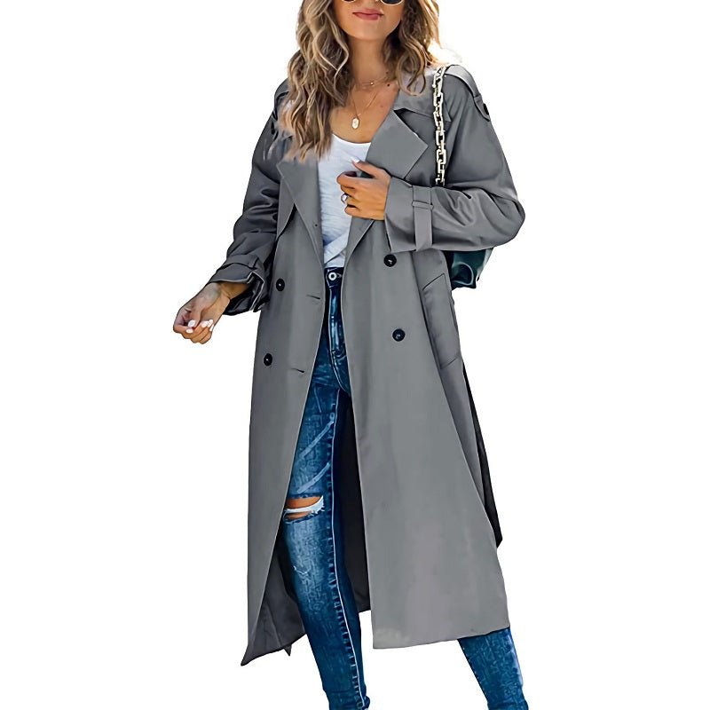 Women's Long Trench Coat | Double-Breasted Classic Fit Side