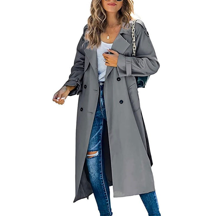 Women's Long Trench Coat | Double-Breasted Classic Fit Side