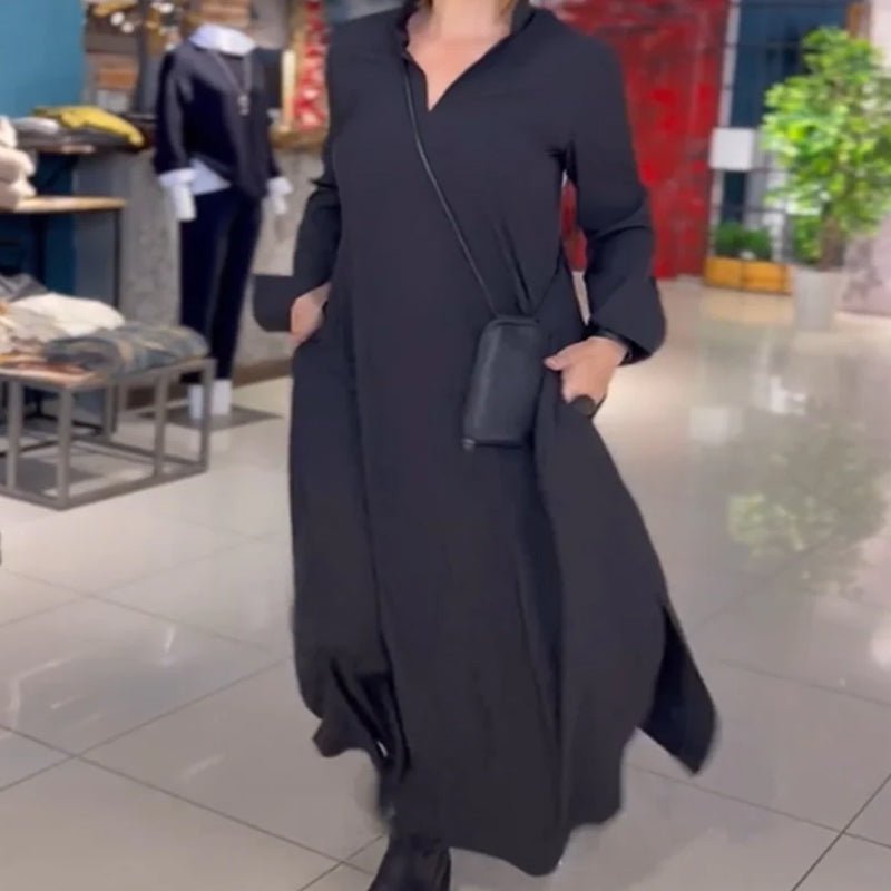 Women's Loose Lapel Maxi Dress | Long Sleeve with Side Slit Angle