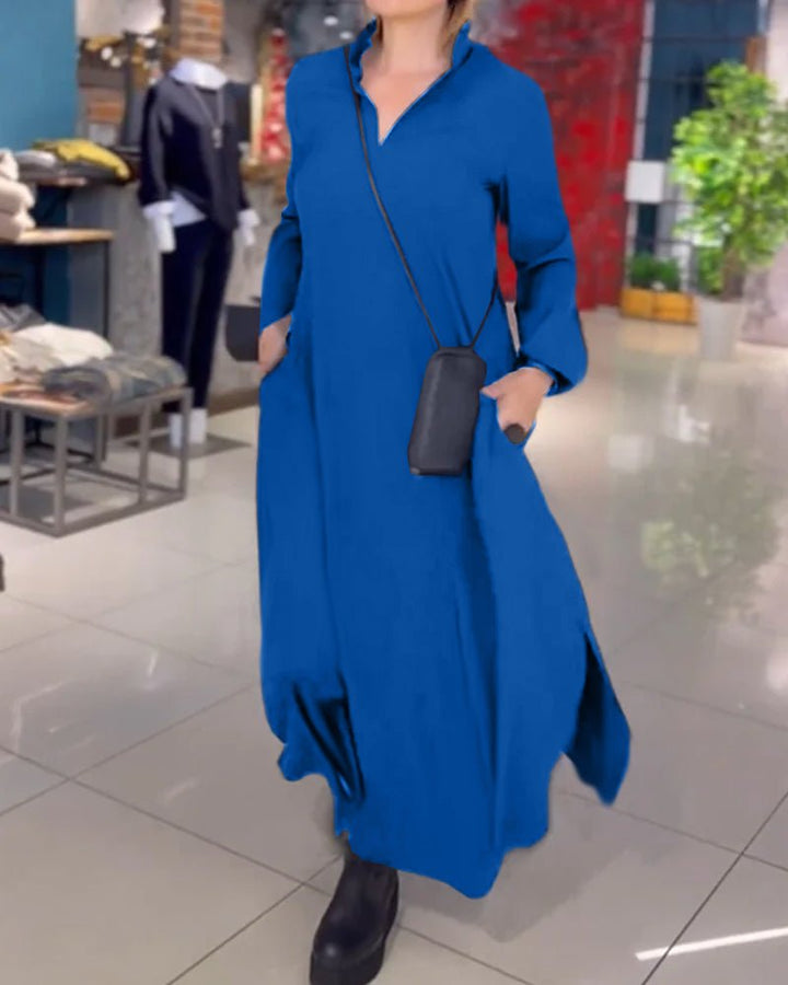 Women's Loose Lapel Maxi Dress | Long Sleeve with Side Slit Back