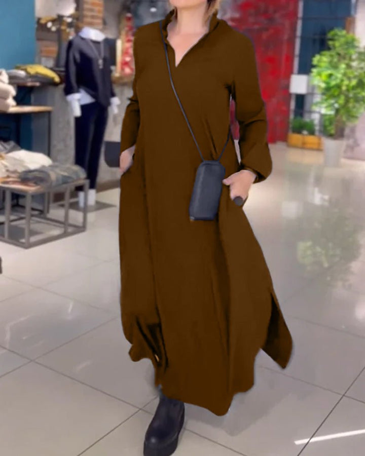 Women's Loose Lapel Maxi Dress | Long Sleeve with Side Slit Close Up