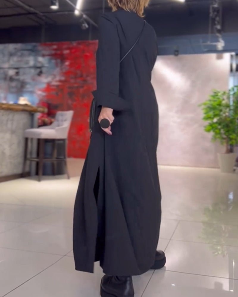 Women's Loose Lapel Maxi Dress | Long Sleeve with Side Slit Detail