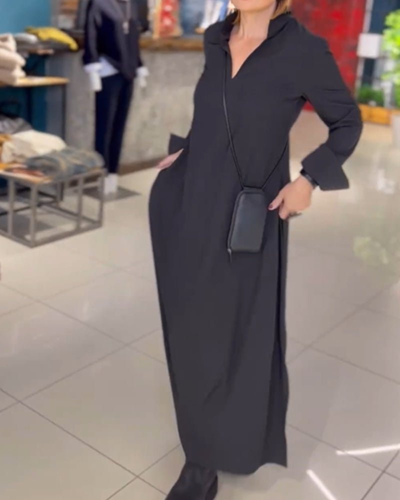 Women's Loose Lapel Maxi Dress | Long Sleeve with Side Slit Front