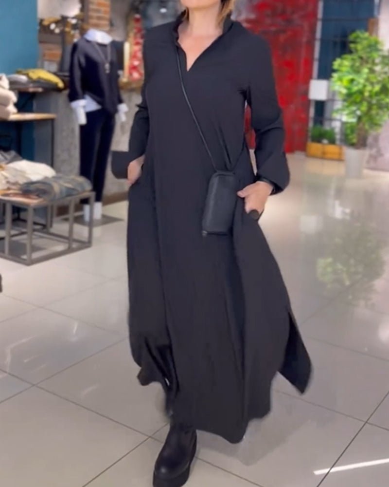 Women's Loose Lapel Maxi Dress | Long Sleeve with Side Slit Hero
