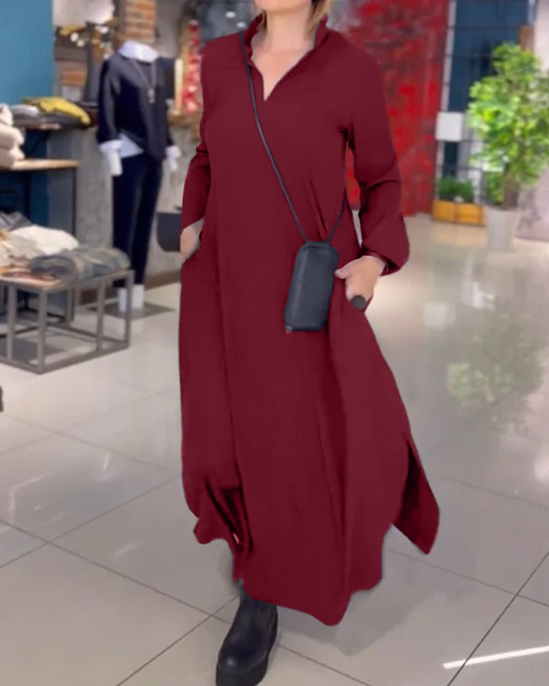 Women's Loose Lapel Maxi Dress | Long Sleeve with Side Slit Side