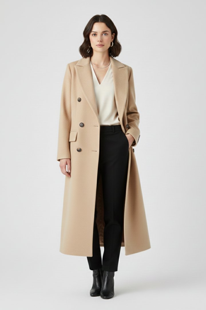 Women's Maxi Coat | Lapel Collar Button Fastening Close Up