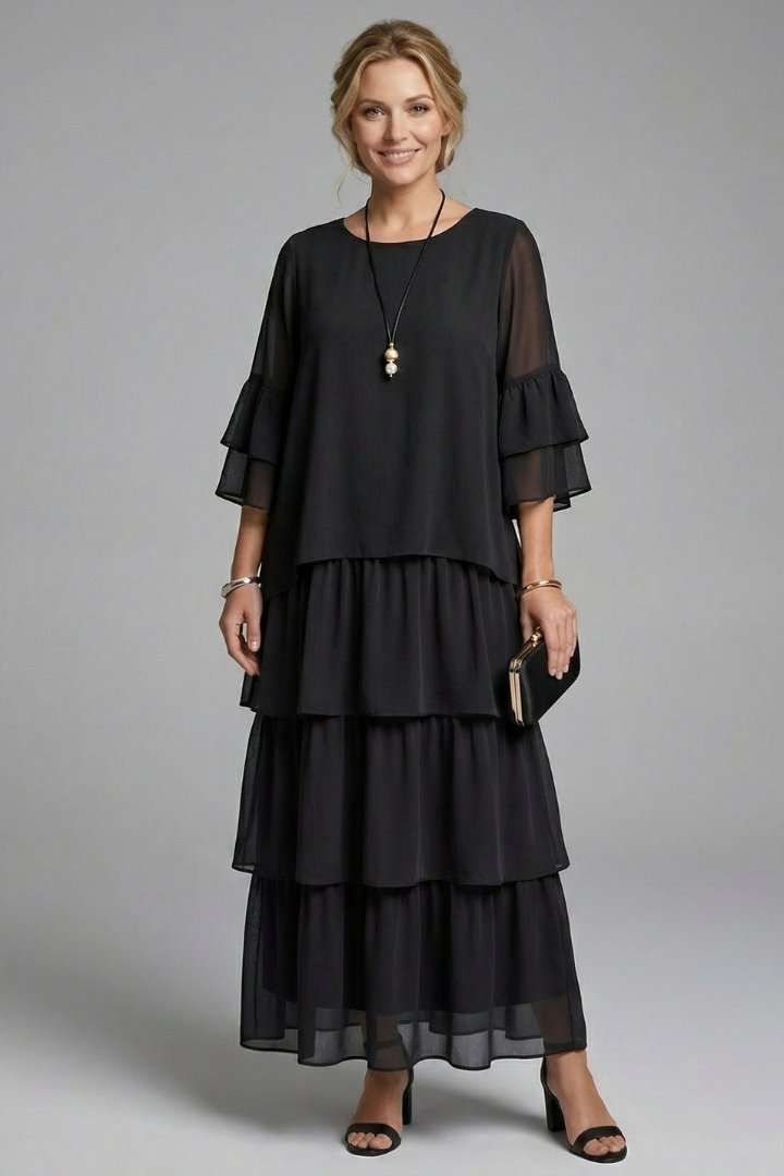 Women's Maxi Dress | Round Neck Tiered Layered Skirt Angle