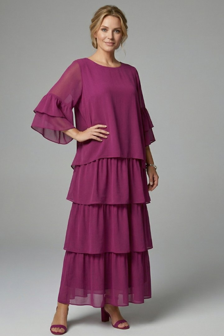 Women's Maxi Dress | Round Neck Tiered Layered Skirt Back
