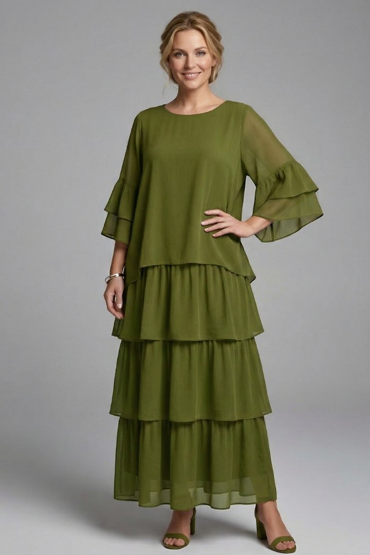 Women's Maxi Dress | Round Neck Tiered Layered Skirt Close Up