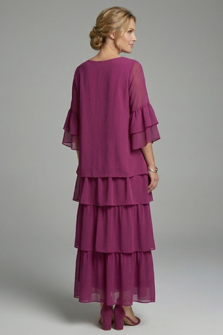 Women's Maxi Dress | Round Neck Tiered Layered Skirt Detail