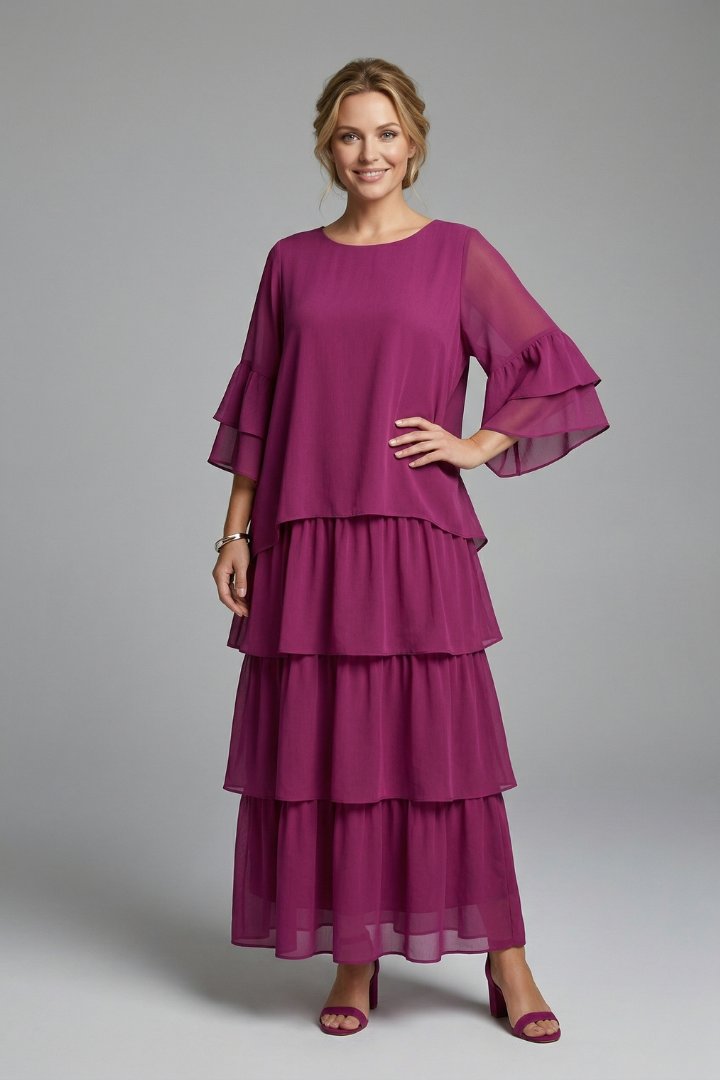 Women's Maxi Dress | Round Neck Tiered Layered Skirt Front