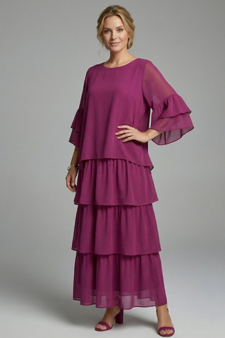 Women's Maxi Dress | Round Neck Tiered Layered Skirt Side
