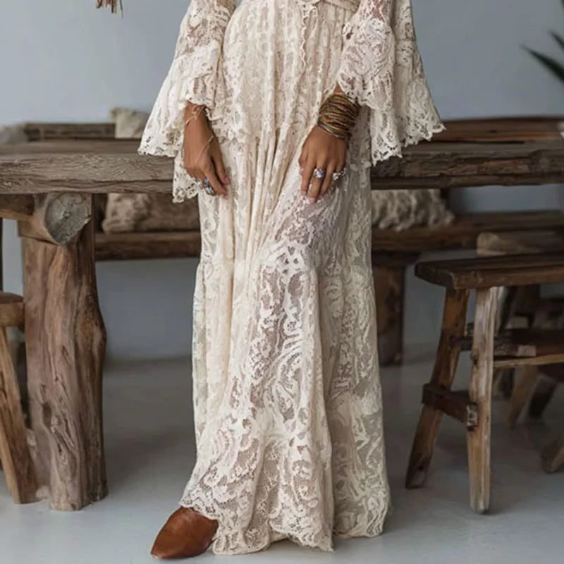 Women's Maxi Dress | Wedding Guest Deep V-Neck Flare Sleeves Front