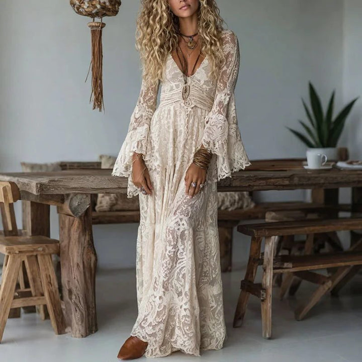 Women's Maxi Dress | Wedding Guest Deep V-Neck Flare Sleeves Hero