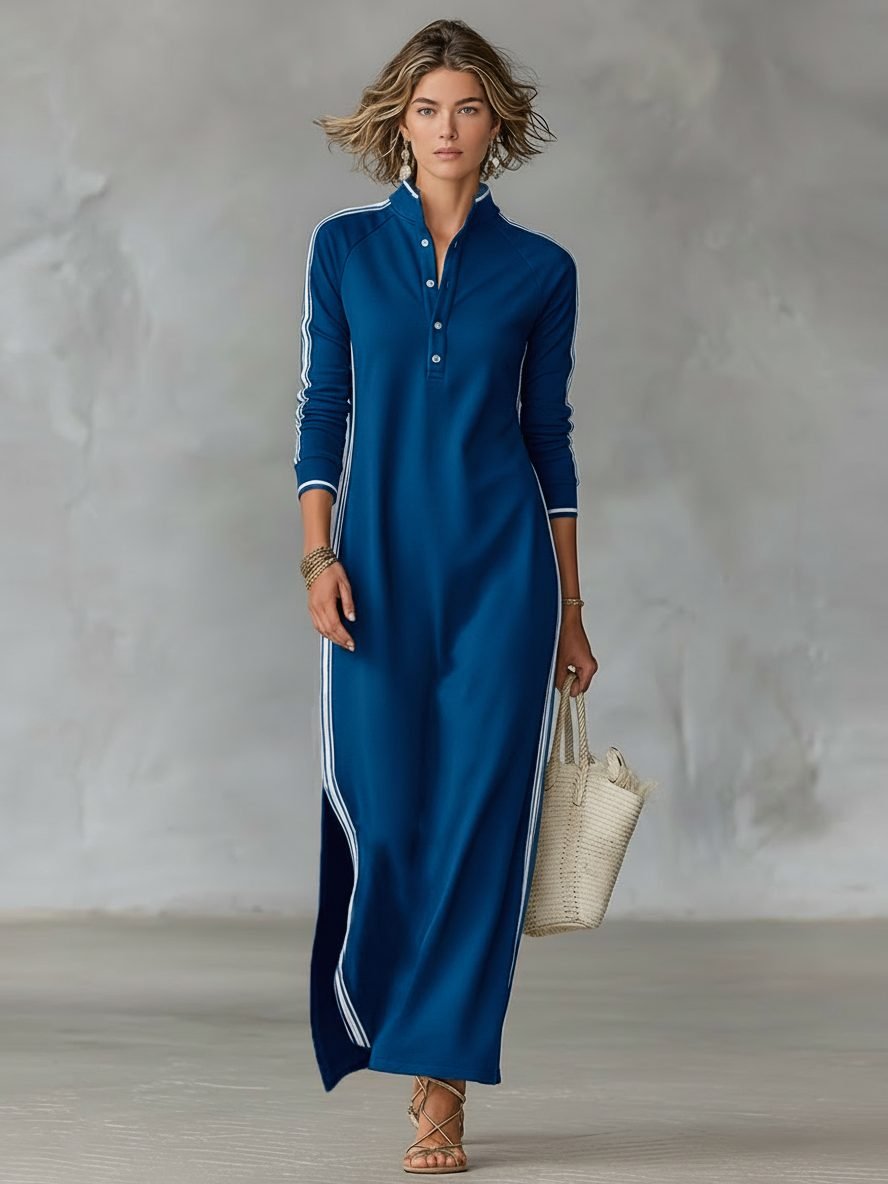Women's Maxi Shirt Dress | Button Front Collar with Sport Stripe Back