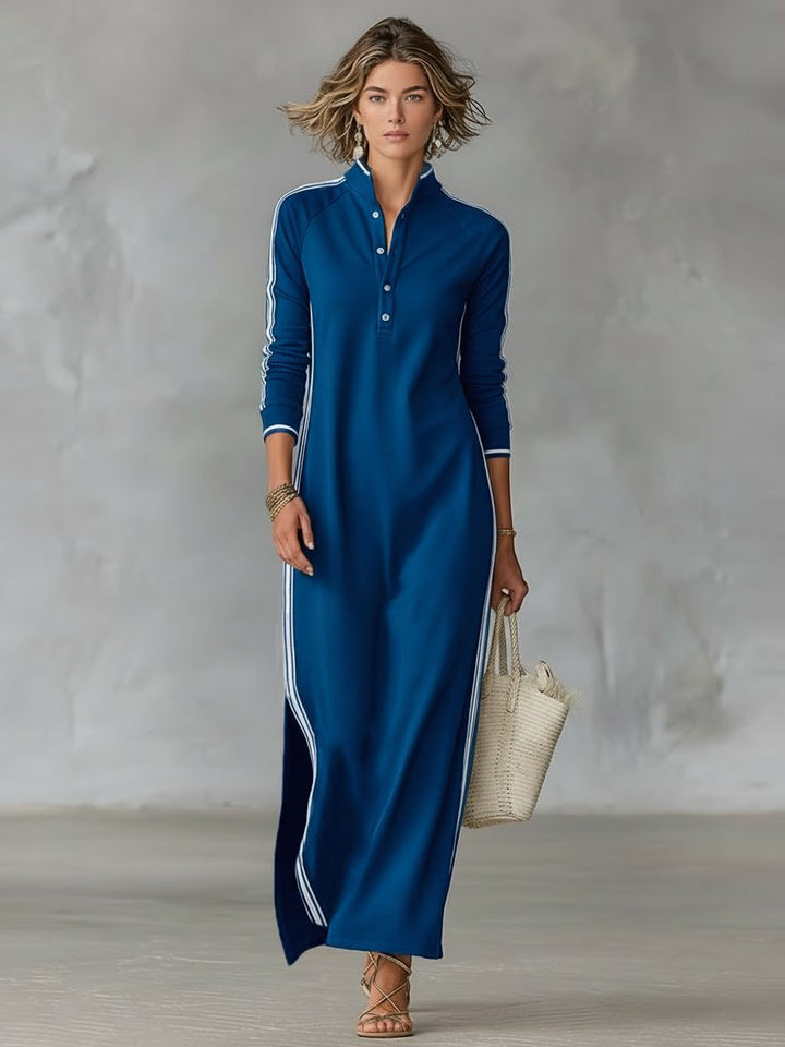 Women's Maxi Shirt Dress | Button Front Collar with Sport Stripe Back