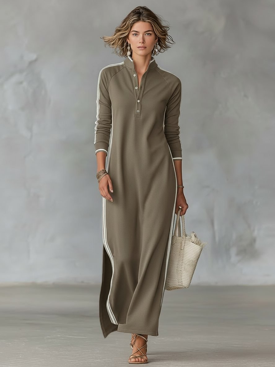 Women's Maxi Shirt Dress | Button Front Collar with Sport Stripe Detail