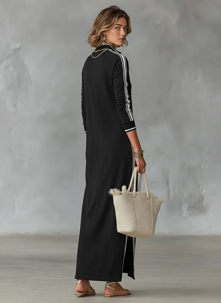 Women's Maxi Shirt Dress | Button Front Collar with Sport Stripe Front